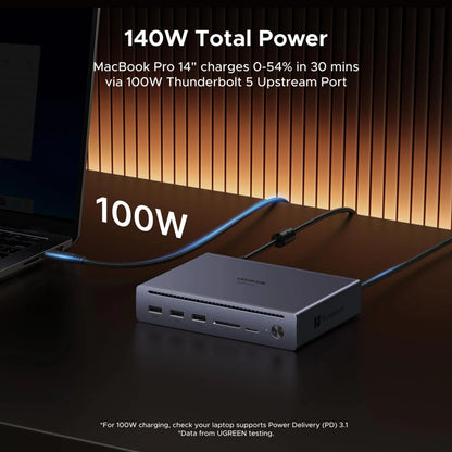 Grå Ugreen Revodok Maxidock Thunderbolt 5-dockingstation 10-i-1, 120 Gbps til bærbar computer, 140 W samlet effekt og 100 W opladning.