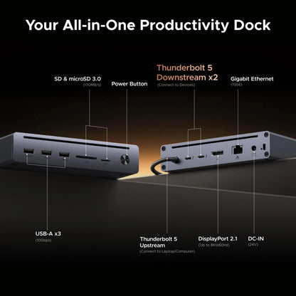 Ugreen Revodok Maxidock Thunderbolt 5-dockingstation 10-i-1 120 Gbps med USB-A, SD, microSD, Ethernet, DisplayPort og strømforsyning.