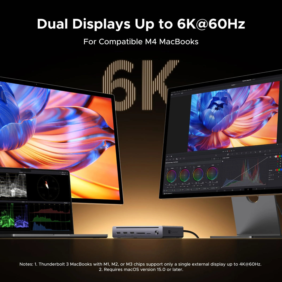 UGREEN Revodok Maxidock Thunderbolt 5-dockingstation 10-i-1, 120 Gbps, tilsluttet bærbar computer med to 6K-skærme.