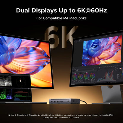 UGREEN Revodok Maxidock Thunderbolt 5-dockingstation 10-i-1, 120 Gbps, tilsluttet bærbar computer med to 6K-skærme.