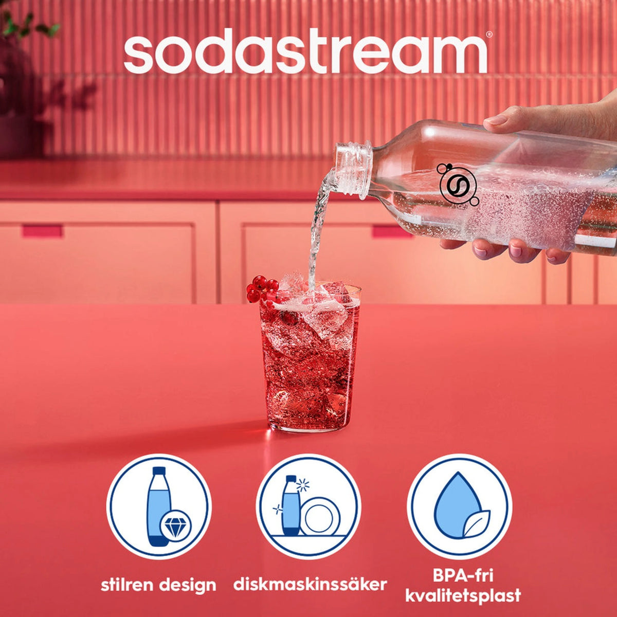Sort SodaStream-kulsyreflaske på 1 liter med vand, hældt i et glas med en rød drik, is, ribber og tre ikoner med tekst.