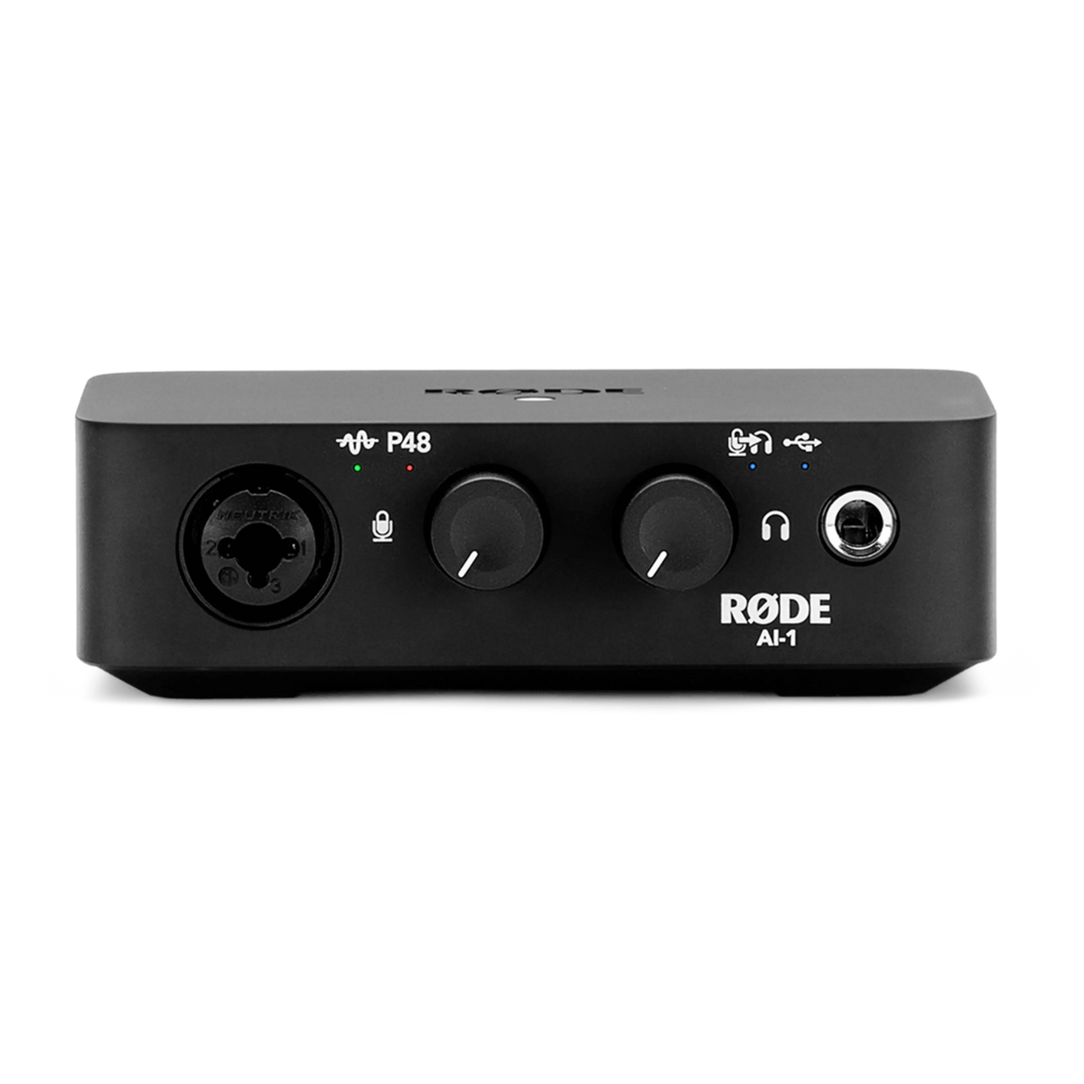 RØDE AI-1 USB-lydinterface med to betjeningsknapper, LED-indikatorer, mikrofonindgang og hovedtelefonudgang.