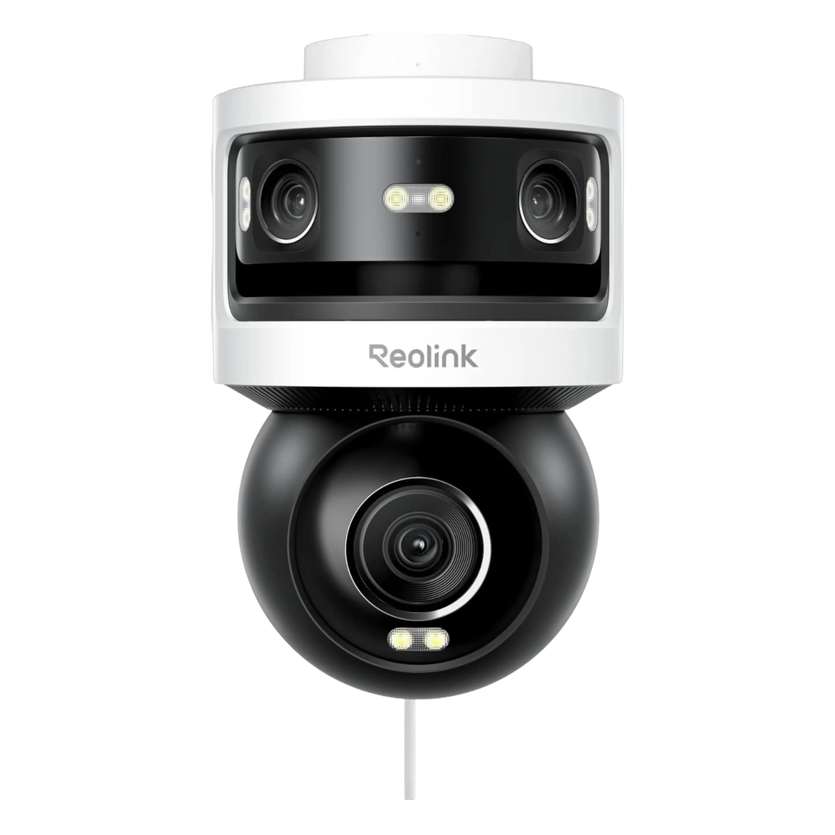 Reolink OMVI 3i PoE-kamera, hvid/sort, flere linser, LED-lys, strøm-/datakabel, 180° panorama og 4K PT-zoom.