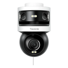 Reolink OMVI 3i PoE-kamera, hvid/sort, flere linser, LED-lys, strøm-/datakabel, 180° panorama og 4K PT-zoom.