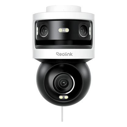 Reolink OMVI 3i PoE-kamera, hvid/sort, flere linser, LED-lys, strøm-/datakabel, 180° panorama og 4K PT-zoom.