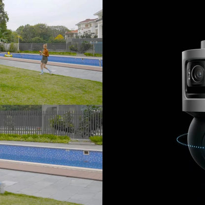Reolink OMVI 3i PoE-kamera med panorama og 4K PT-zoom følger en bevægelse markeret med en blå linje.