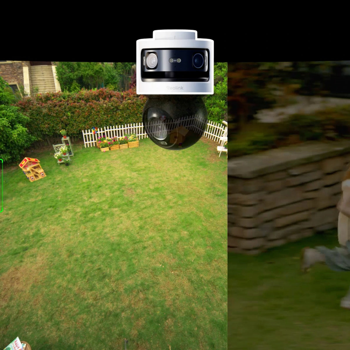 Reolink OMVI 3i PoE-kamera med panorama og 4K PT-zoom viser en have med græs, legetøj, blomsterbede og en sløret person i en vinkel på 180°.