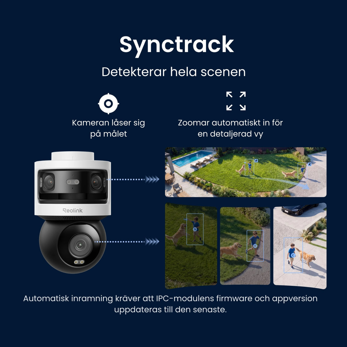 Reolink OMVI 3i PoE-kamera med panorama, 4K PT-zoom, zoomdetalje og svensk tekst om scenegenkendelse og 180° panoramavisning.