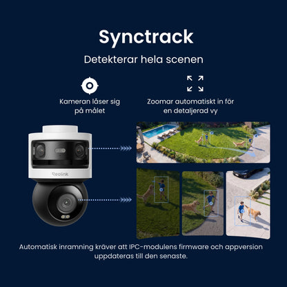 Reolink OMVI 3i PoE-kamera med panorama, 4K PT-zoom, zoomdetalje og svensk tekst om scenegenkendelse og 180° panoramavisning.
