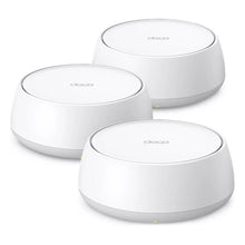 TP-Link Deco BE5000 Wi-Fi 7 mesh-system, 3-pak, hvide runde enheder med Deco-logo på toppen og LED-indikator foran.