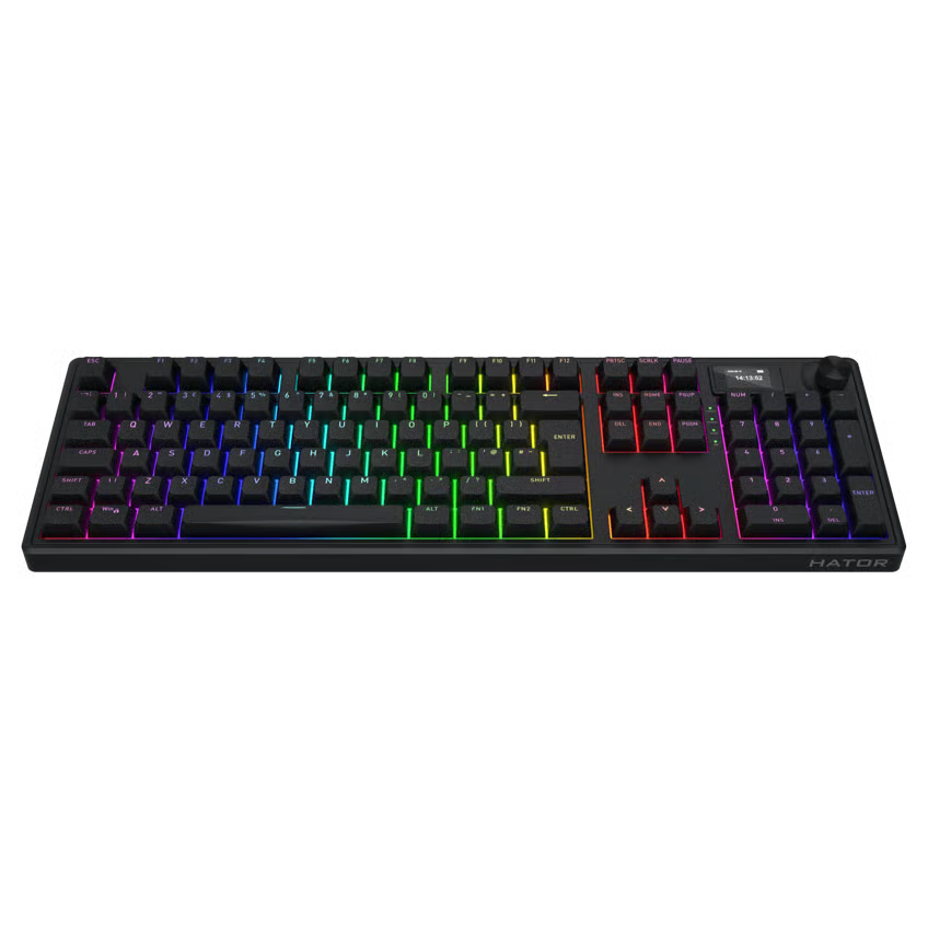HATOR Skyfall 100 Pro trådløst gaming-tastatur, sort, RGB-regnbue-baggrundsbelysning, lineære kontakter, numerisk tastatur, kontrolhjul.