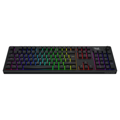 HATOR Skyfall 100 Pro trådløst gaming-tastatur, sort, RGB-regnbue-baggrundsbelysning, lineære kontakter, numerisk tastatur, kontrolhjul.