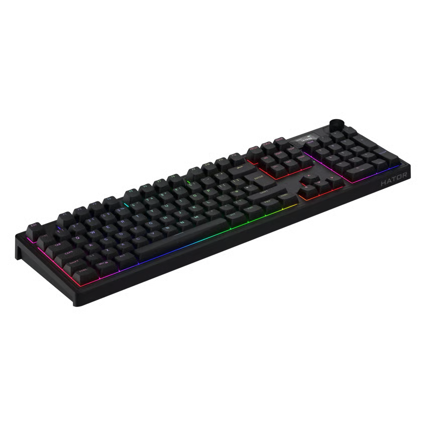 HATOR Skyfall 100 Pro trådløst gaming-tastatur, sort med RGB-belysning, lineære kontakter og HATOR-logo nederst til højre.