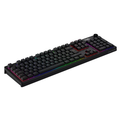 HATOR Skyfall 100 Pro trådløst gaming-tastatur, sort med RGB-belysning, lineære kontakter og HATOR-logo nederst til højre.