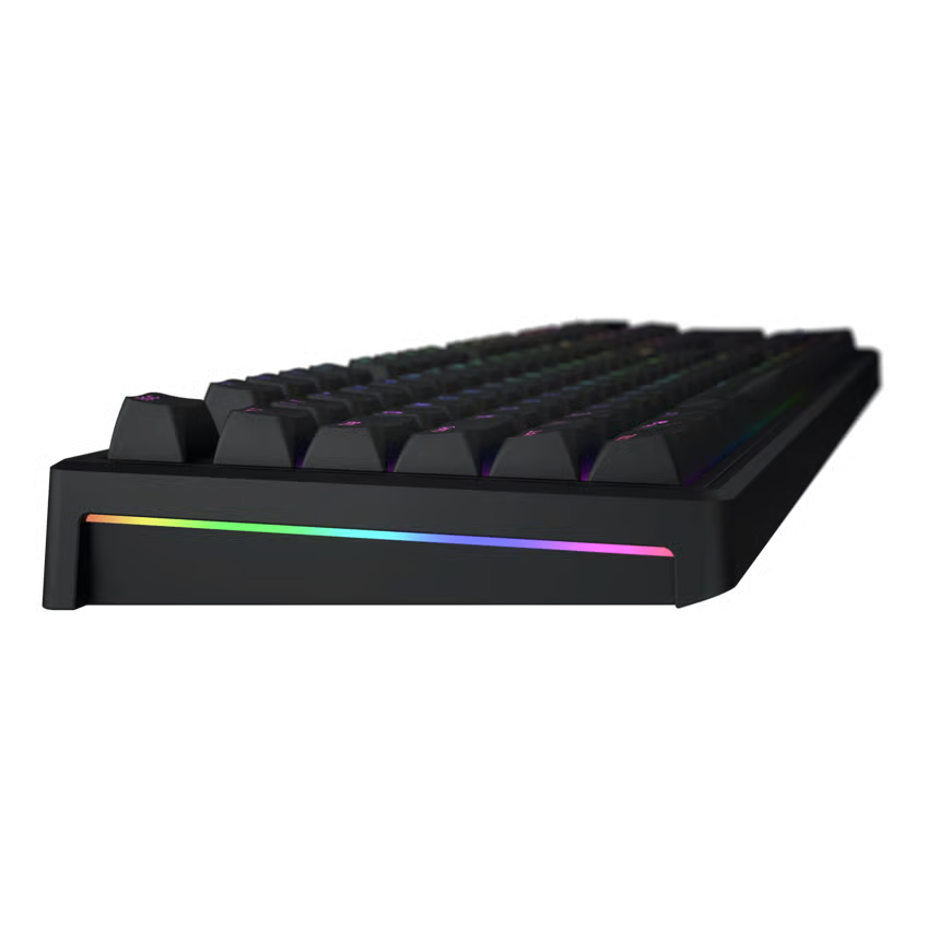 HATOR Skyfall 100 Pro trådløst gaming-tastatur, sort, RGB-belysning langs kanterne, lineære kontakter, sidebillede med lav vinkel.