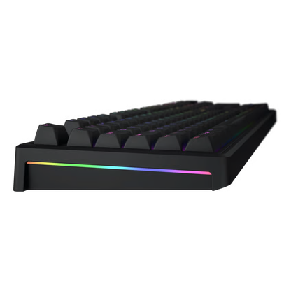 HATOR Skyfall 100 Pro trådløst gaming-tastatur, sort, RGB-belysning langs kanterne, lineære kontakter, sidebillede med lav vinkel.