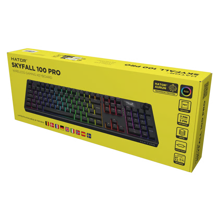 HATOR Skyfall 100 Pro trådløst gaming-tastatur i sort kasse, RGB, gasket-mount-design, lineære kontakter, trådløs og RGB-ikoner.