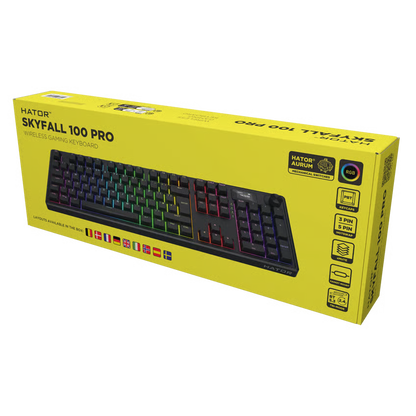 HATOR Skyfall 100 Pro trådløst gaming-tastatur i sort kasse, RGB, gasket-mount-design, lineære kontakter, trådløs og RGB-ikoner.