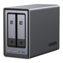Ugreen NASync DXP2800 2-bay NAS med nummererede drevpladser, tænd/sluk-knap, USB-C, USB 3.2-porte og statuslamper.