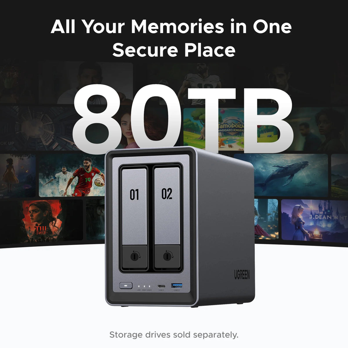 Ugreen NASync DXP2800 2-bay NAS med frontmonterede drevbakker, statusindikatorer samt USB-C- og USB-A-porte.