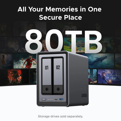 Ugreen NASync DXP2800 2-bay NAS med frontmonterede drevbakker, statusindikatorer samt USB-C- og USB-A-porte.