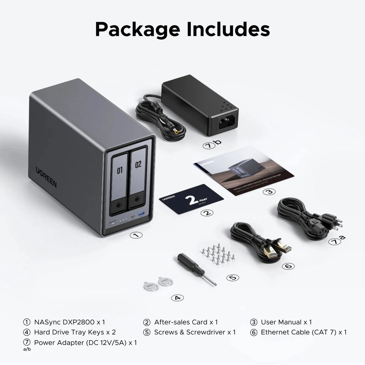 Ugreen NASync DXP2800 NAS med 2 drevpladser, strømforsyning, ethernetkabel, skruetrækker, nøgler, skruer og dokumentation.