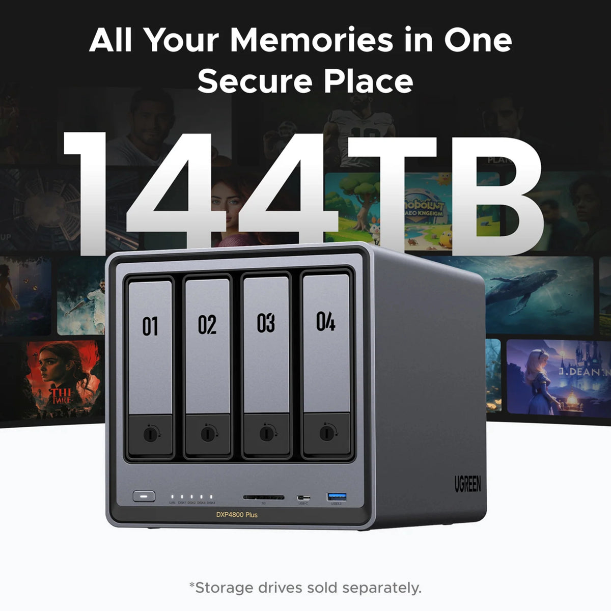 Ugreen NASync DXP4800 Plus 4-bay NAS med nummererede drevpladser 01-04, SD-kortplads, USB-C- og USB-A-porte samt statuslamper.