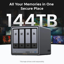 Ugreen NASync DXP4800 Plus 4-bay NAS med nummererede drevpladser 01-04, SD-kortplads, USB-C- og USB-A-porte samt statuslamper.