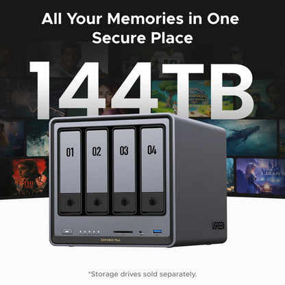 Ugreen NASync DXP4800 Plus 4-bay NAS med nummererede drevpladser 01-04, SD-kortplads, USB-C- og USB-A-porte samt statuslamper.