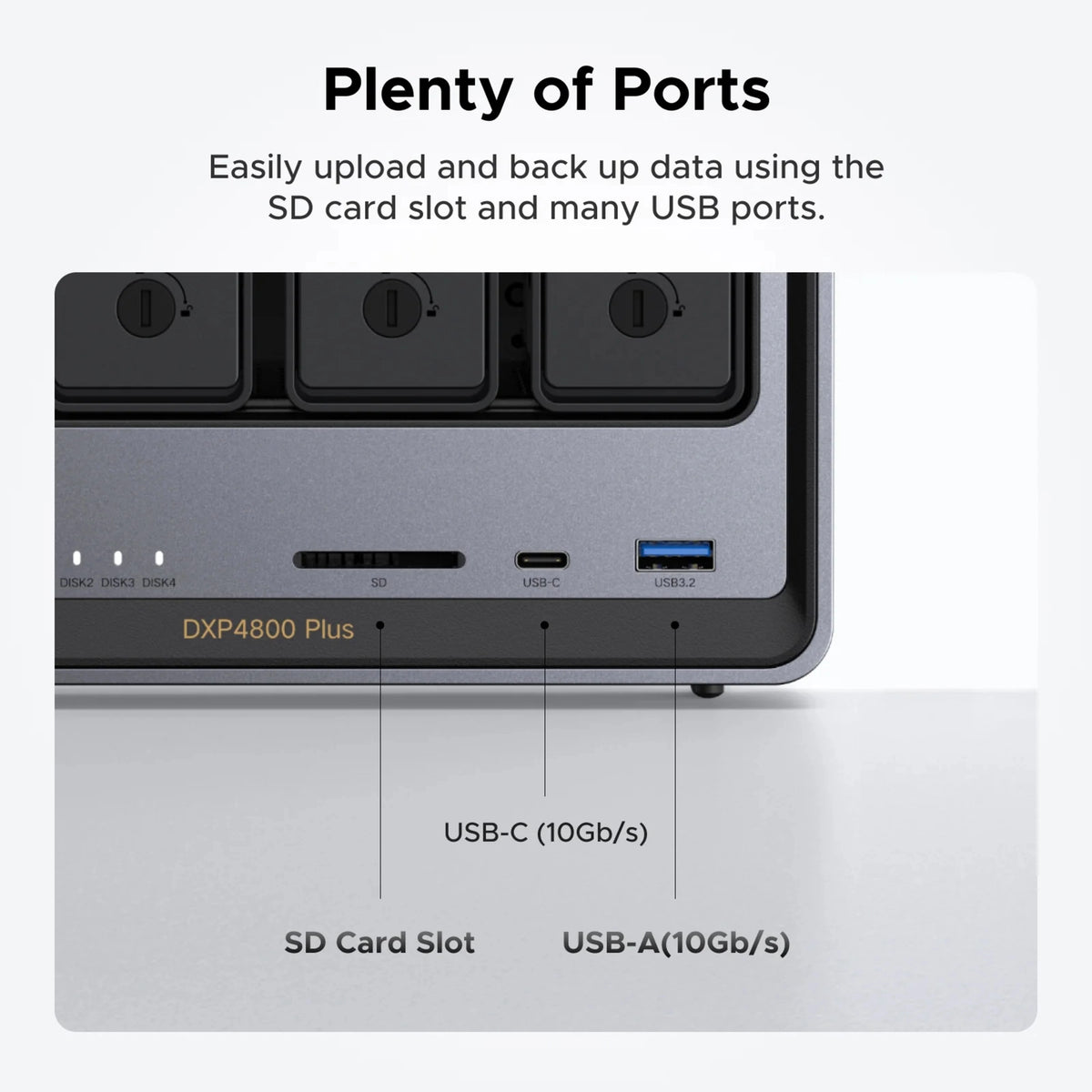 Ugreen NASync DXP4800 Plus 4-bay NAS-frontpanel med SD-kortplads, USB-C- og USB-A-port.