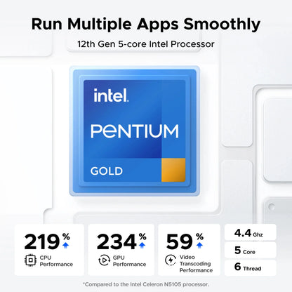 Ugreen NASync DXP4800 Plus 4-bay NAS med Intel Pentium Gold, 4,4 GHz, 5 kerner, 6 tråde og forbedret ydeevne.