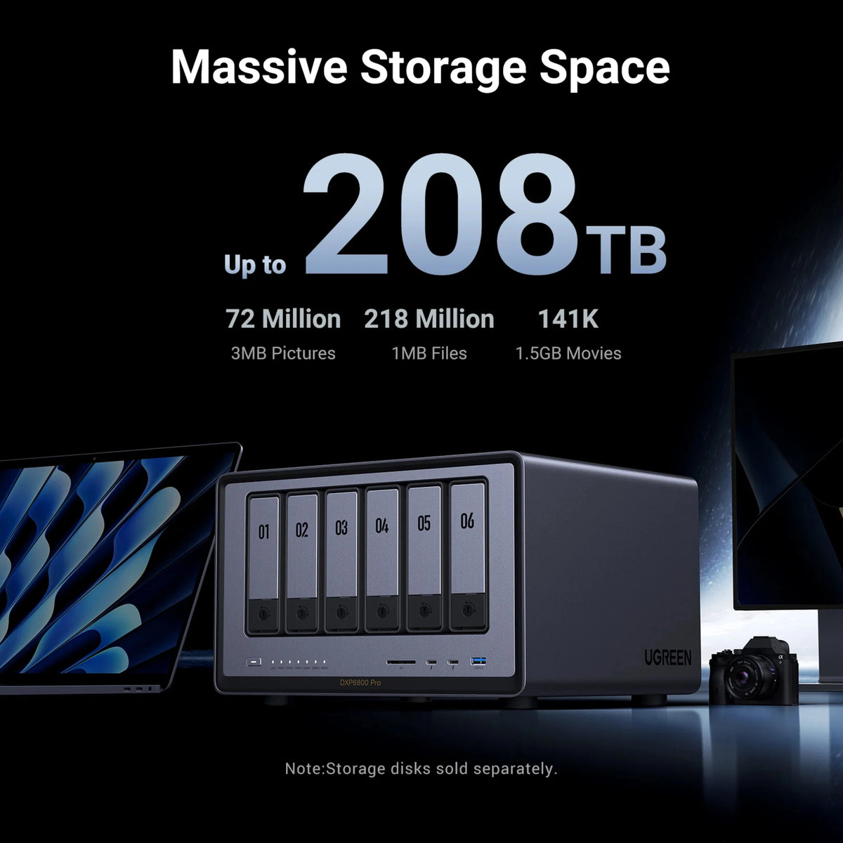 Ugreen NASync DXP6800 Pro netværksharddisk med 6 nummererede drevpladser, USB-porte og SD-kortlæser på forsiden.