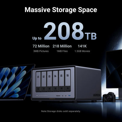 Ugreen NASync DXP6800 Pro netværksharddisk med 6 nummererede drevpladser, USB-porte og SD-kortlæser på forsiden.