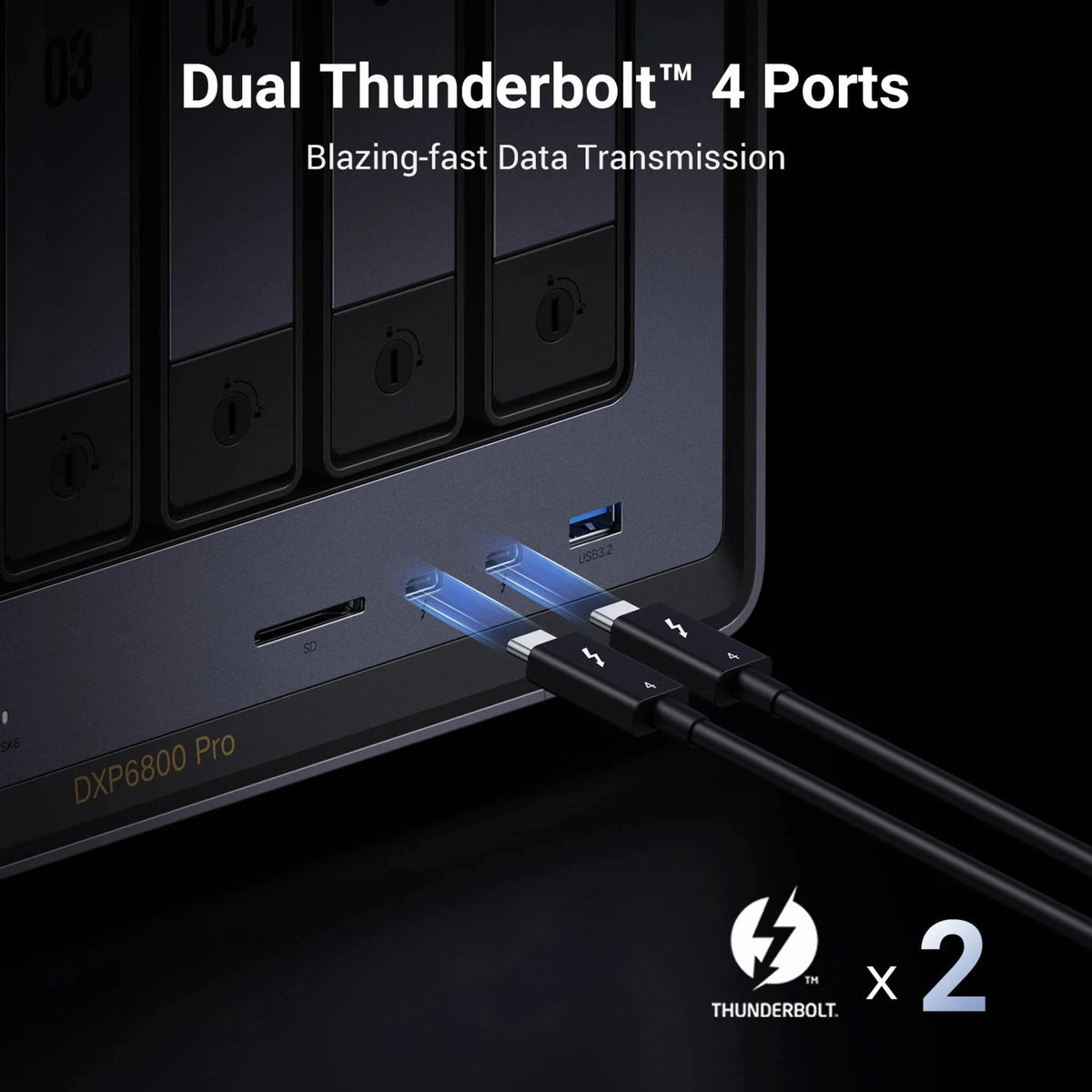 Ugreen NASync DXP6800 Pro 6-bay NAS med to fremadvendte Thunderbolt 4-kabler, SD-kortlæser og USB 3.2-port.