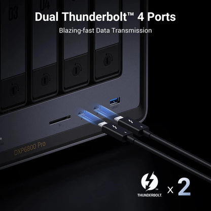 Ugreen NASync DXP6800 Pro 6-bay NAS med to fremadvendte Thunderbolt 4-kabler, SD-kortlæser og USB 3.2-port.