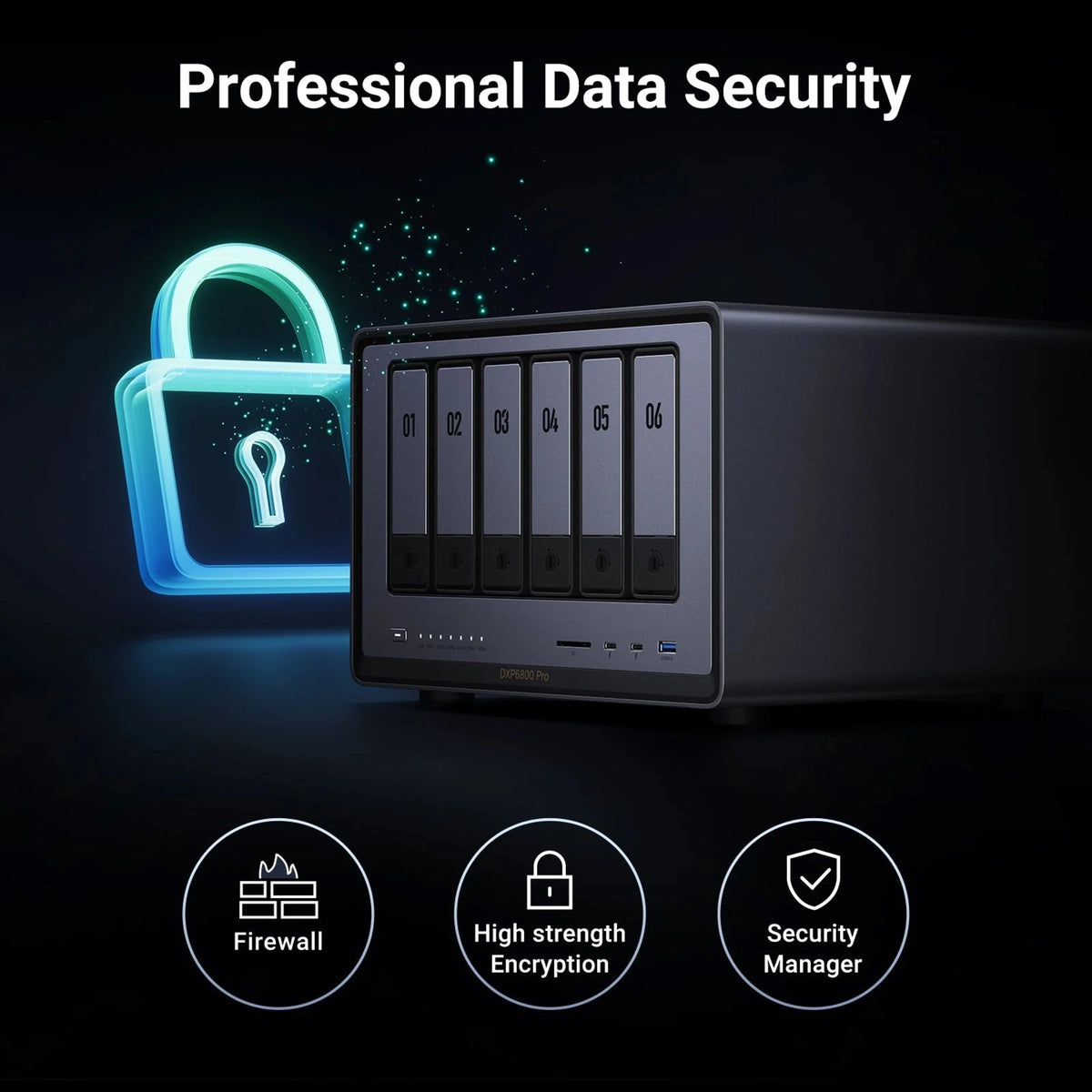 Ugreen NASync DXP6800 Pro 6-bay NAS med frontpanel, USB-porte, statuslamper, digital hængelås og sikkerhedsikoner.