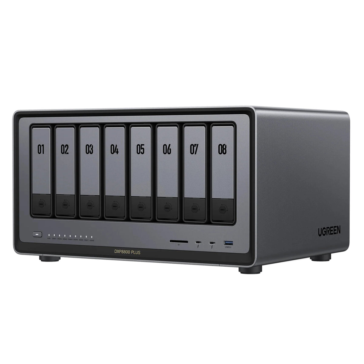 Ugreen NASync DXP8800 Plus 8-bay NAS med nummererede drevpladser, LED-indikatorer, SD-kortplads og Thunderbolt 4.