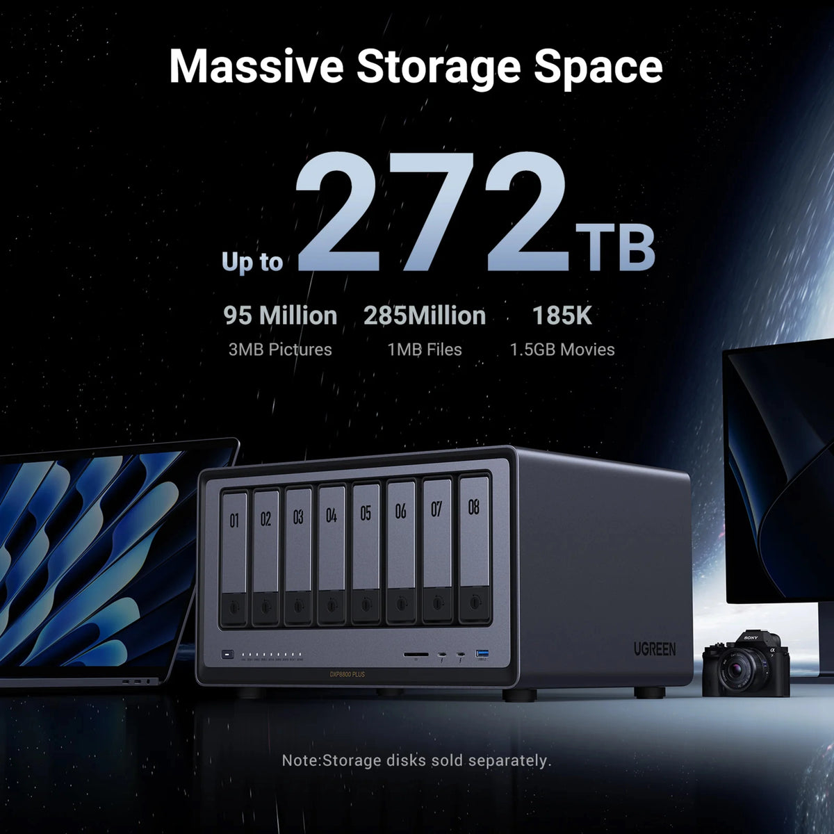 Ugreen NASync DXP8800 Plus 8-bay NAS med nummererede slots, frontporte, status-LED og op til 272 TB kapacitet.