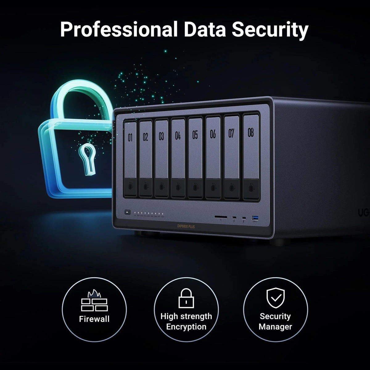 Ugreen NASync DXP8800 Plus 8-bay NAS med nummereret drevkonfiguration, hængelås-grafik samt firewall- og sikkerhedsikoner.