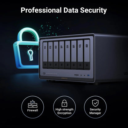 Ugreen NASync DXP8800 Plus 8-bay NAS med nummereret drevkonfiguration, hængelås-grafik samt firewall- og sikkerhedsikoner.