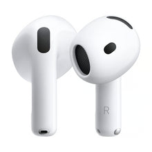 Apple AirPods 5 trådløse hvide øretelefoner, ét billede forfra og ét fra siden, højttalergitter i mesh, med opladningsetui.