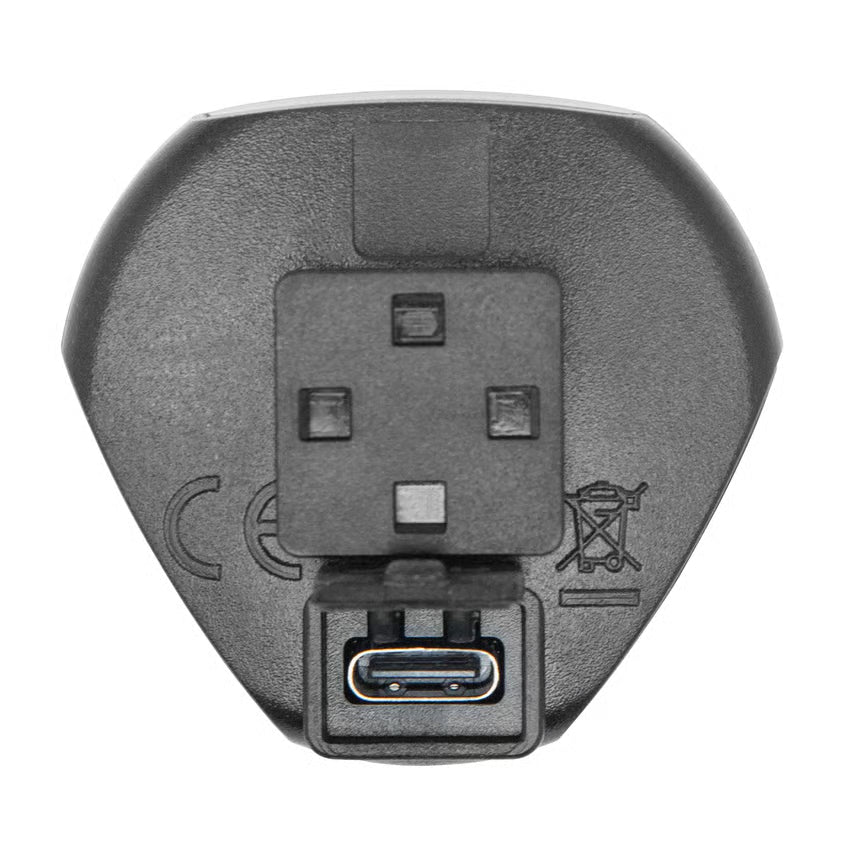 Bagfra-billede af sort Luxorparts cykelbaglygte, rød COB-LED, genopladelig, IP44 med USB-C-port og monteringsriller.