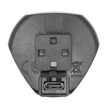 Bagfra-billede af sort Luxorparts cykelbaglygte, rød COB-LED, genopladelig, IP44 med USB-C-port og monteringsriller.