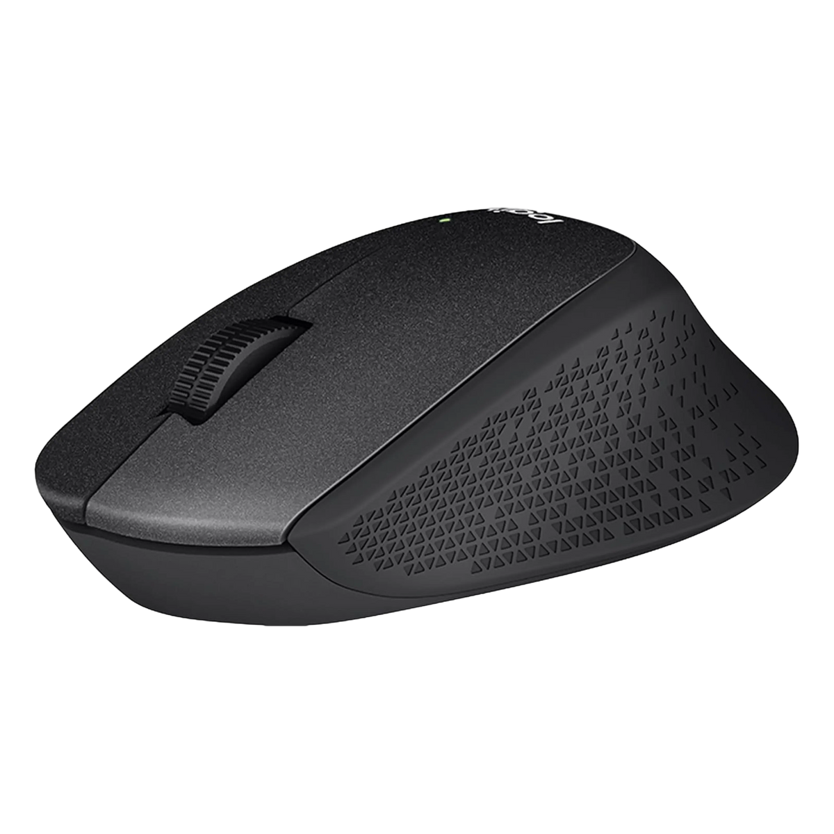 Sort trådløs Logitech M330 Silent-mus med struktureret greb, rullehjul og lydløse klik.