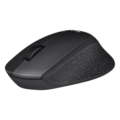 Sort trådløs Logitech M330 Silent-mus med struktureret greb, rullehjul og lydløse klik.
