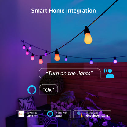 Lepro ZB1 AI-smart udendørs lyskæde, 15 m, med RGBIC, farvet lys på terrassen, stemmestyring og smart home-ikoner.