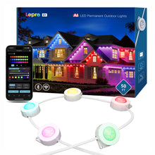 Lepro E1 AI fastmonteret udendørsbelysning, 30 m, RGB+CCT, IP65, med 6 LED-pærer og smartphone-app til styring.