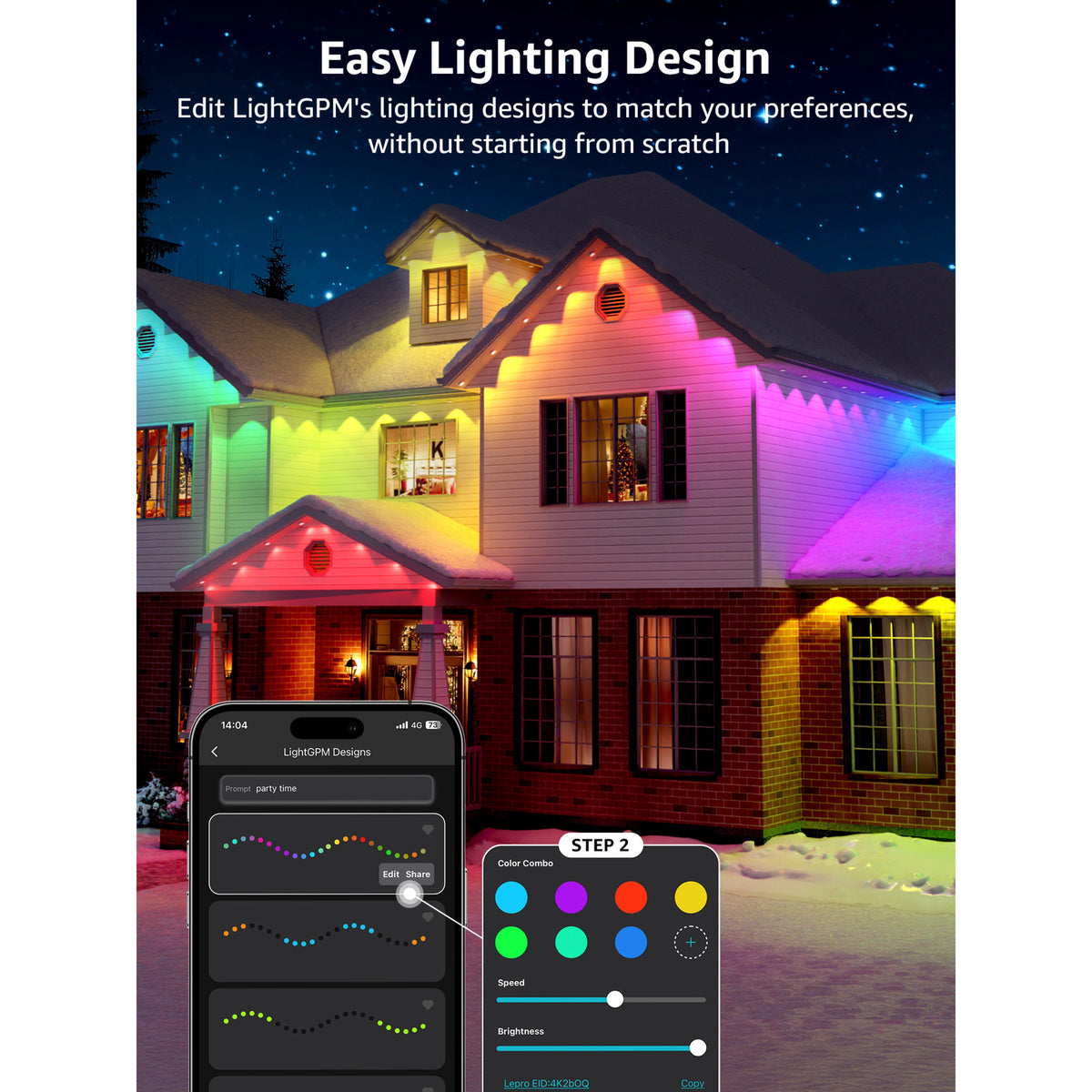 Lepro E1 AI fastmonteret udendørsbelysning, 30 m, RGB+CCT, IP65, med app-styring, monteret på husfacaden.