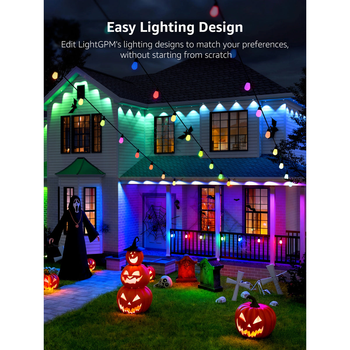 Lepro E1 AI permanent udendørsbelysning, 30 m RGB+CCT, IP65, lyskæde monteret på husfacaden, dekoreret til Halloween.