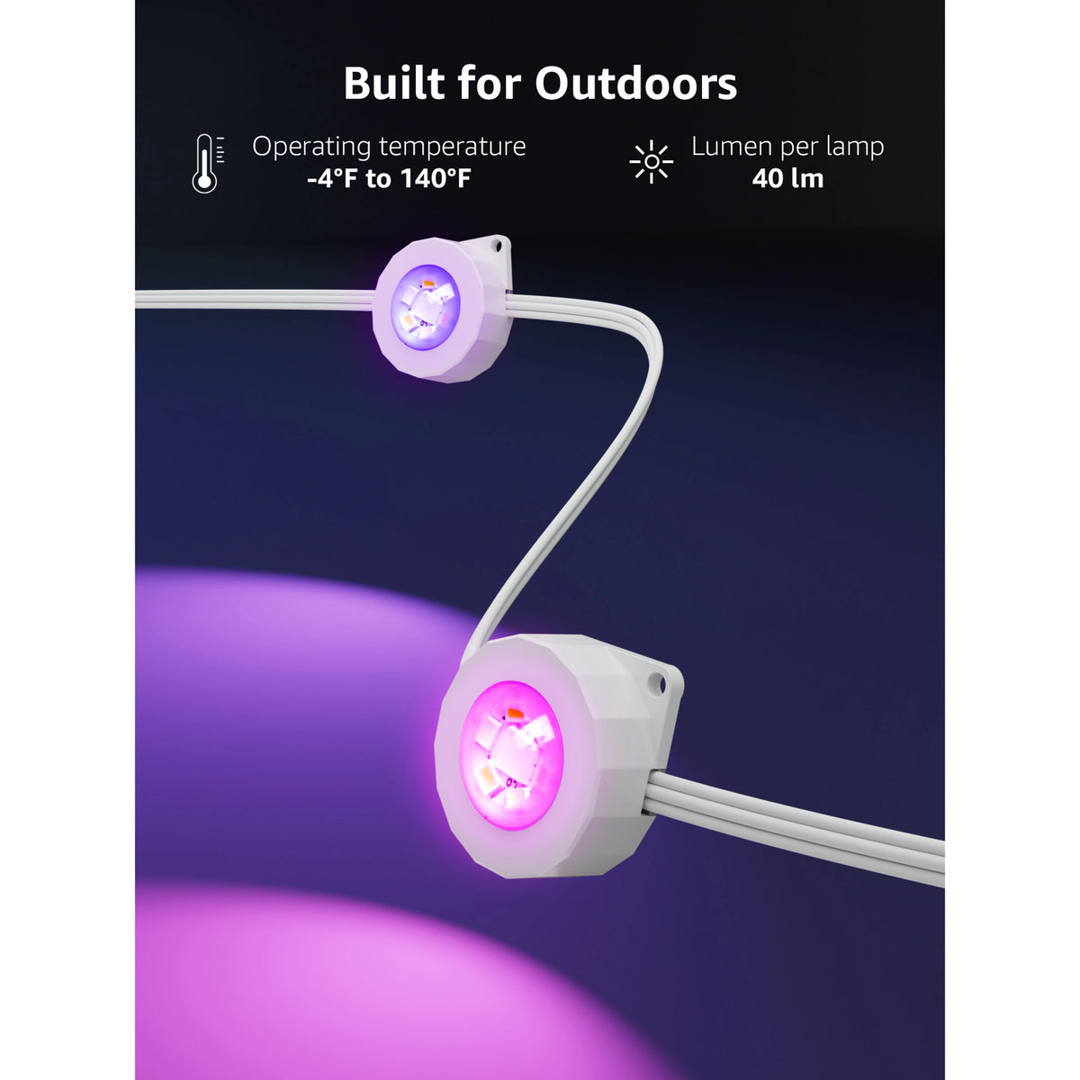 Lepro E1 AI fastmonteret udendørsbelysning med lilla lys, adresserbare lyspunkter samt specifikationer for lumen og farvetemperatur.